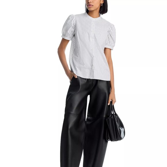 348$ FRAME The Gathered Striped Button Up Top Short Puff Sleeves Size XS Navy - Picture 3 of 4